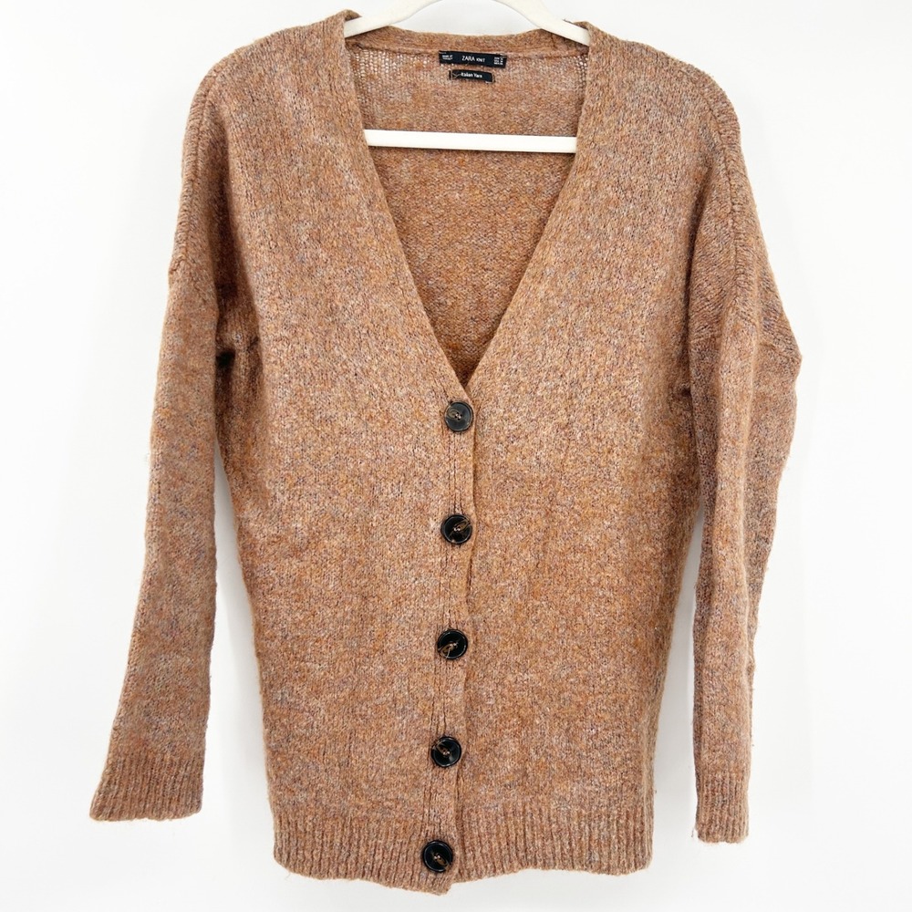 Zara Knit Womens Neutral Wool Mohair Blend Knit Cardigan Sweater Size M Brown